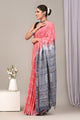 Block Printed Cotton Linen Saree With Unstitched Blouse