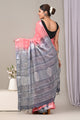 Block Printed Cotton Linen Saree With Unstitched Blouse