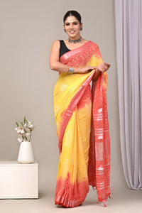 Block Printed Cotton Linen Saree With Unstitched Blouse