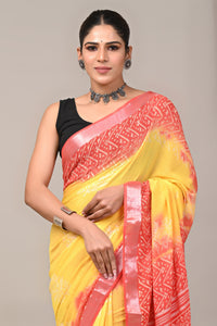 Block Printed Cotton Linen Saree With Unstitched Blouse