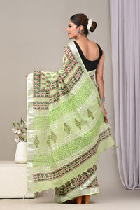 Block Printed Cotton Linen Saree With Unstitched Blouse