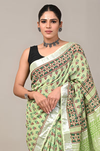 Block Printed Cotton Linen Saree With Unstitched Blouse