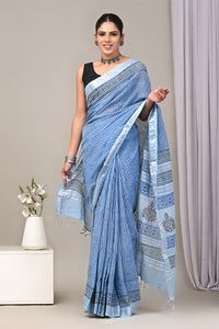 Block Printed Cotton Linen Saree With Unstitched Blouse