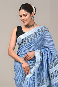 Block Printed Cotton Linen Saree With Unstitched Blouse