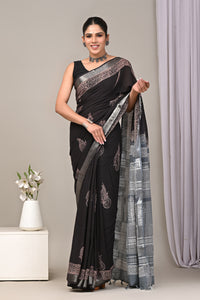 Block Printed Cotton Linen Saree With Unstitched Blouse