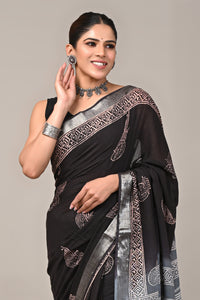 Block Printed Cotton Linen Saree With Unstitched Blouse