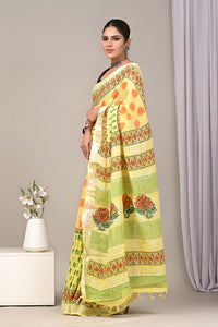 Block Printed Cotton Linen Saree With Unstitched Blouse