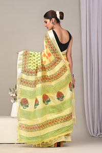 Block Printed Cotton Linen Saree With Unstitched Blouse