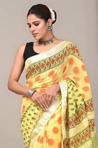 Block Printed Cotton Linen Saree With Unstitched Blouse