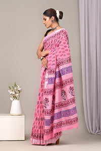 Block Printed Cotton Linen Saree With Unstitched Blouse