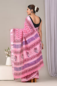 Block Printed Cotton Linen Saree With Unstitched Blouse