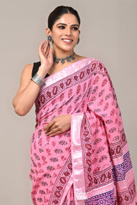 Block Printed Cotton Linen Saree With Unstitched Blouse