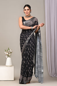 Block Printed Cotton Linen Saree With Unstitched Blouse