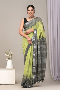 Block Printed Cotton Linen Saree With Unstitched Blouse