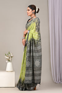 Block Printed Cotton Linen Saree With Unstitched Blouse