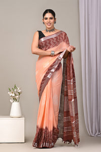 Block Printed Cotton Linen Saree With Unstitched Blouse