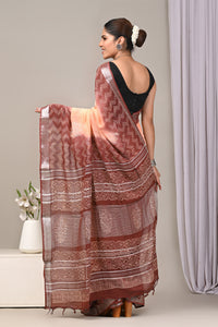 Block Printed Cotton Linen Saree With Unstitched Blouse