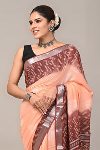 Block Printed Cotton Linen Saree With Unstitched Blouse