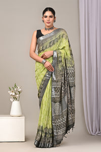 Block Printed Cotton Linen Saree With Unstitched Blouse