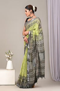 Block Printed Cotton Linen Saree With Unstitched Blouse