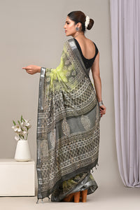 Block Printed Cotton Linen Saree With Unstitched Blouse