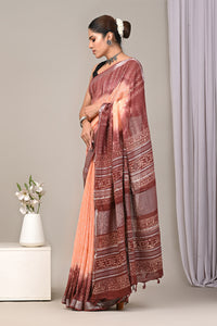 Block Printed Cotton Linen Saree With Unstitched Blouse