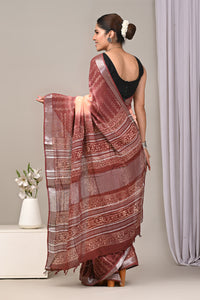 Block Printed Cotton Linen Saree With Unstitched Blouse