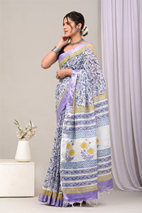 Hand Block Printed Cotton Linen Saree With Unstitched Blouse