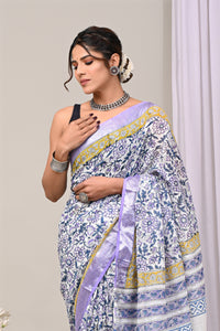 Hand Block Printed Cotton Linen Saree With Unstitched Blouse