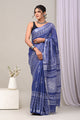 Hand Block Printed Cotton Linen Saree With Unstitched Blouse