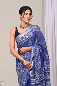 Hand Block Printed Cotton Linen Saree With Unstitched Blouse