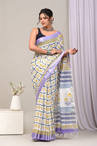 Hand Block Printed Cotton Linen Saree With Unstitched Blouse