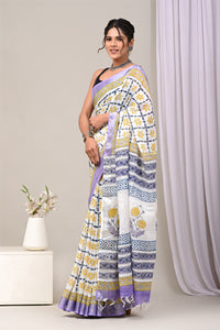 Hand Block Printed Cotton Linen Saree With Unstitched Blouse