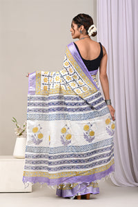 Hand Block Printed Cotton Linen Saree With Unstitched Blouse