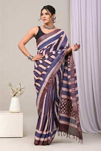 Hand Block Printed Cotton Linen Saree With Unstitched Blouse