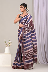 Hand Block Printed Cotton Linen Saree With Unstitched Blouse