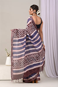 Hand Block Printed Cotton Linen Saree With Unstitched Blouse