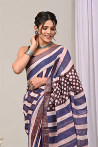 Hand Block Printed Cotton Linen Saree With Unstitched Blouse