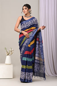 Hand Block Printed Cotton Linen Saree With Unstitched Blouse