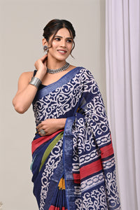 Hand Block Printed Cotton Linen Saree With Unstitched Blouse