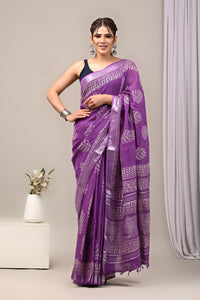 Dabu Print Cotton Linen Saree With Unstitched Blouse