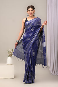 Dabu Print Cotton Linen Saree With Unstitched Blouse