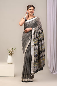 Dabu Print Cotton Linen Saree With Unstitched Blouse