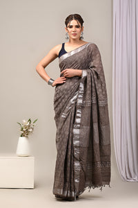 Dabu Print Cotton Linen Saree With Unstitched Blouse