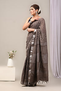 Dabu Print Cotton Linen Saree With Unstitched Blouse