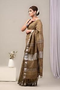 Dabu Print Cotton Linen Saree With Unstitched Blouse