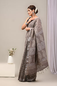 Dabu Print Cotton Linen Saree With Unstitched Blouse