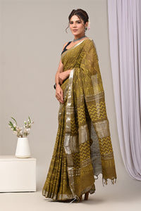 Hand Block Printed Linen Saree With Unstitched Blouse