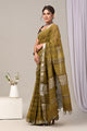 Hand Block Printed Linen Saree With Unstitched Blouse