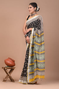 Block Printed Cotton linen Saree With Unstiched Blouse